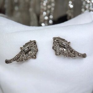Vintage Clip-On Earrings Silver-Tone & Rhinestone Mid-Century